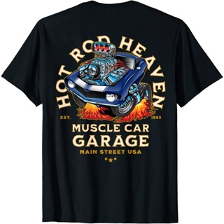 Hot Rod Heaven muscle Car Garage เสื้อยืดการ์ตูนด้านหน้าและด้านหลัง