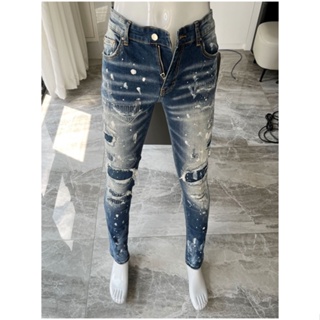 AMIRI Street Fashion Men Jeans Retro Blue Stretch Slim Fit Patched Hole Ripped Jeans Men Painted Designer Hip Hop Brand Pants