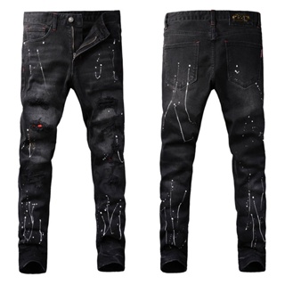 European station vintage fashion mens jeans black slim cut patch splash-ink technology street fashion style # vintage jeans