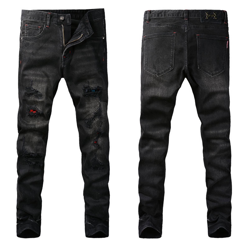 ภาพหน้าปกสินค้าEuropean Station Fashion Retro Men's Jeans Slim Fit Tear Patch High Street Designer  Retro Jeans