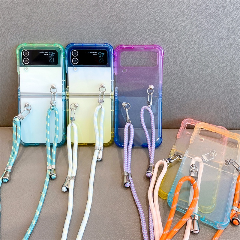 เคสโทรศัพท์มือถือแบบนิ่ม-กันกระแทก-พร้อมสายโซ่คล้องยาว-ไล่โทนสี-แฟชั่น-สําหรับ-samsung-galaxy-z-flip-4-5g-z-flip-3