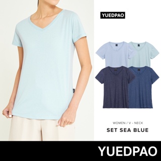 สินค้า Yuedpao No.1 เสื้อยืดผู้หญิง ไม่ย้วย ไม่หด ไม่ต้องรีด ผ้านุ่มใส่สบาย Ultrasoft Non-Iron เสื้อยืดคอวีผู้หญิง Set Sea Blue