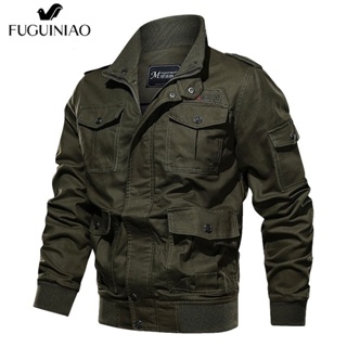 Fuguniao เสื้อแจ็กเก็ตบอมเบอร์ ผ้าขนสัตว์ แฟชั่นทหาร สําหรับผู้ชาย M-6XL