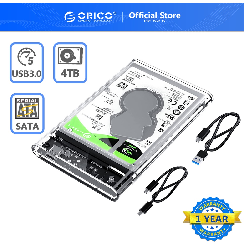 ภาพหน้าปกสินค้าOrico กล่องใส่ HDD แบบใส Harddisk SSD 2.5 SATA เป็น USB 3.1 10Gbps 5Gbps 4TB SSD HDD Enclosure Type C With UASP TRIM (2139C3) จากร้าน orico.th บน Shopee
