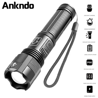 Ankndo ไฟฉาย LED ซูมได้ ขนาดเล็ก ชาร์จ USB แข็งแรง ระยะไกล สําหรับกลางแจ้ง