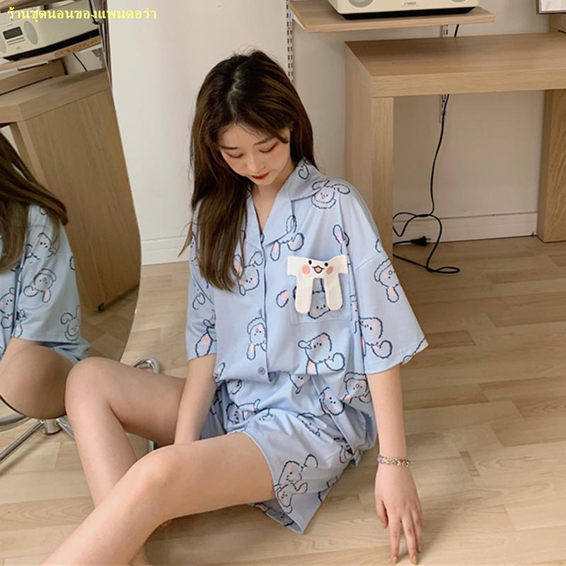 สปอตสินค้า-ใหม่ชุดนอนแขนสั้นบางชุดสองชิ้นกระต่ายสีฟ้าเสื้อผ้าบ้าน