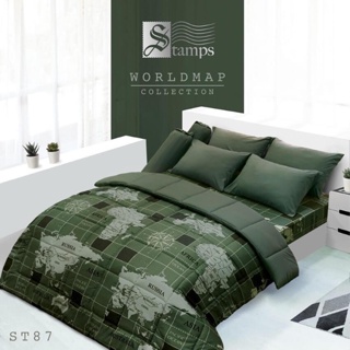 STAMPS ชุดผ้าปูที่นอน ลายแผนที่โลก World Map ST87 สีเขียว #แสตมป์ส ชุดเครื่องนอน ผ้าปู ผ้าปูเตียง ผ้านวม ผ้าห่ม กราฟิก
