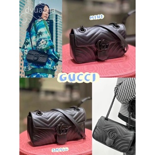 แบรนด์ใหม่ 100% ของแท้ GUCCI  GG Marmont คอลเลกชันควิลท์ MINI / S ขนาดกระเป๋าสีดำกระเป๋าสะพายข้าง