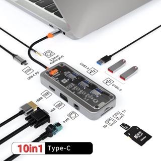 hot🔥อะแดปเตอร์ฮับ Type-C 10in1 สายต่อ USB TYPE-C HUB 3.0 Type Cต่อได้ SD/TF/VGA/HDMI /RJ45/AUX3.5 Adapter แล็ปท็อป