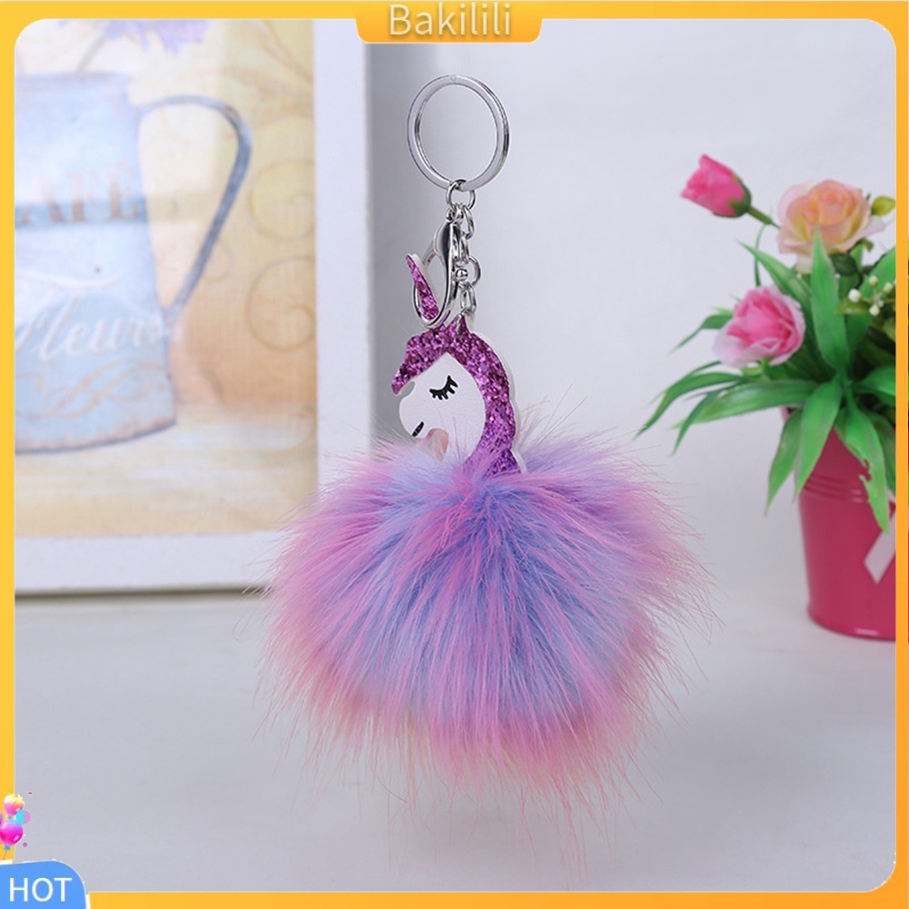 bakilili-cute-fluffy-unicorn-keychain-cute-pompom-fur-car-key-chain-bag-pendant-key-ring