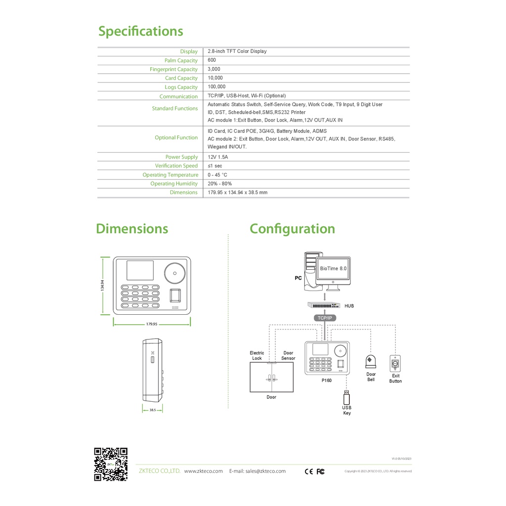 zkteco-p160-time-attendance-เครื่องสแกนลายนิ้วมือและฝามือ-รับประกัน-2-ปี