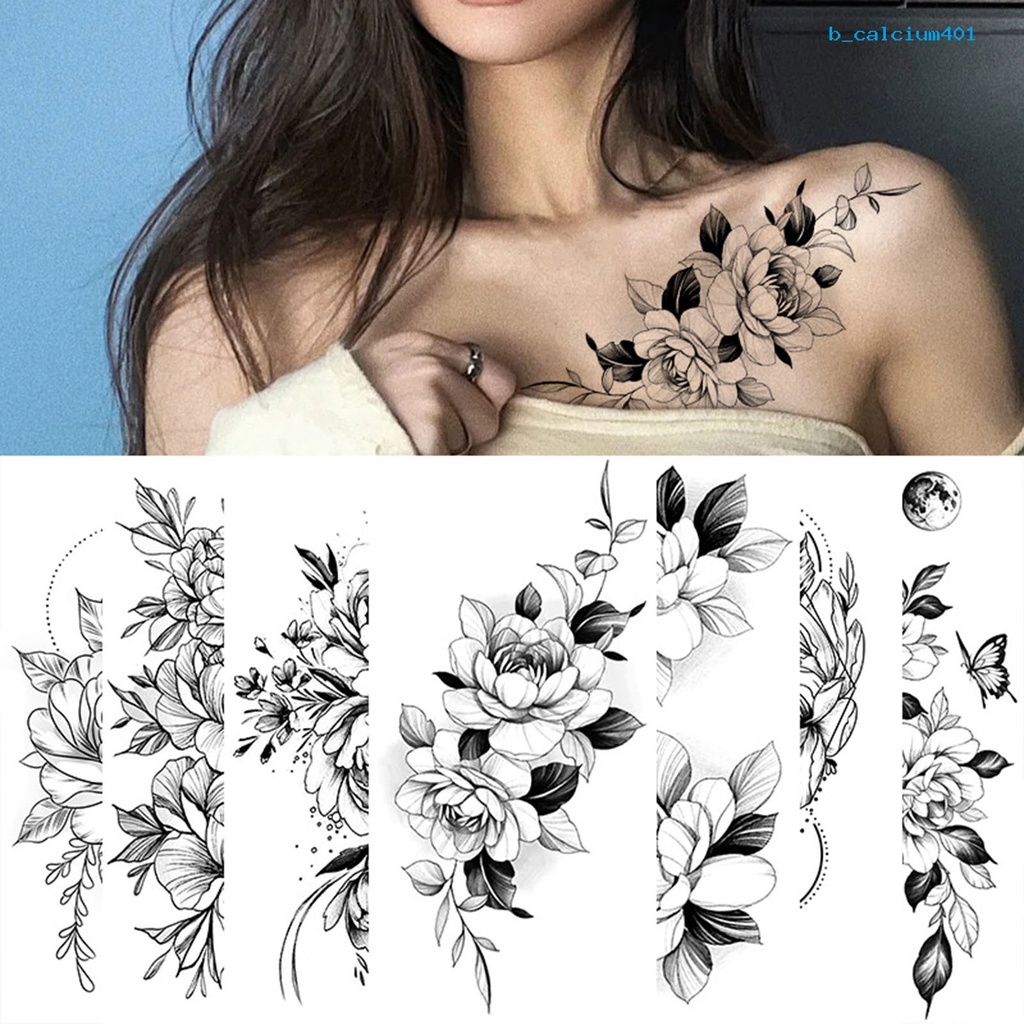 calcium-tattoo-sticker-waterproof-sketching-flowers-temporary-black-white-floral-tattoo-personal-use