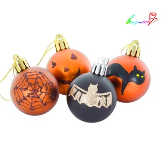 【AG】12Pcs Cobweb Bat Cats Print Matte Round Balls Halloween Hanging Ornament