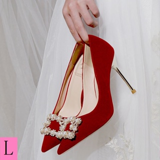 รองเท้าส้นสูง ประดับไข่มุก พลอยเทียม เหมาะกับงานแต่งงาน สําหรับผู้หญิง 2023