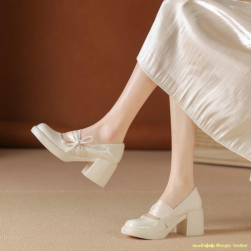 พร้อมส่ง-รองเท้าส้นสูงสตรีสไตล์ฝรั่งเศสย้อนยุคกุทัณฑ์ส้นหนาแพลตฟอร์มกันน้ำรองเท้าพื้นหนา