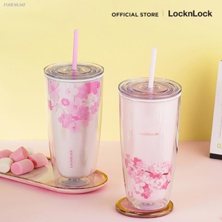 พร้อมสต็อก LocknLock แก้วพลาสติก 2 ชั้นลายซากุระ พร้อมหลอด Double Wall Cold Cup 720 ml. รุ่น HAP509