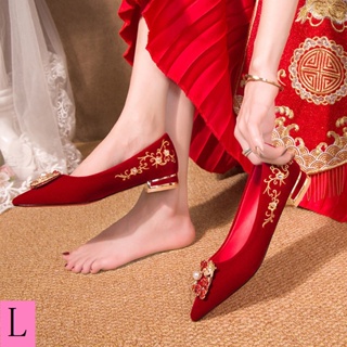 Xiuhe รองเท้าส้นแบน สีแดงไวน์แดง สไตล์จีน สําหรับผู้หญิง ใส่ไปงานแต่งงาน
