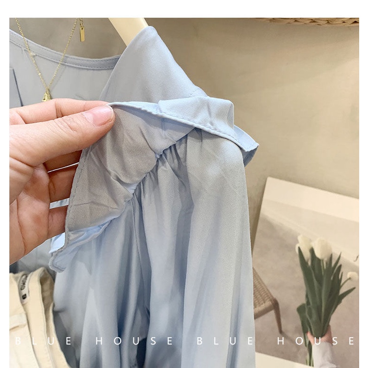 พร้อมส่ง-เสื้อเชิ้ตแฟชั่นสไตล์เกาหลีสีฟ้าหวานปุ่มคอวีแขนยาวหลวมใหม่มืออาชีพเสื้อลูกไม้น่ารัก-มี-2-สี