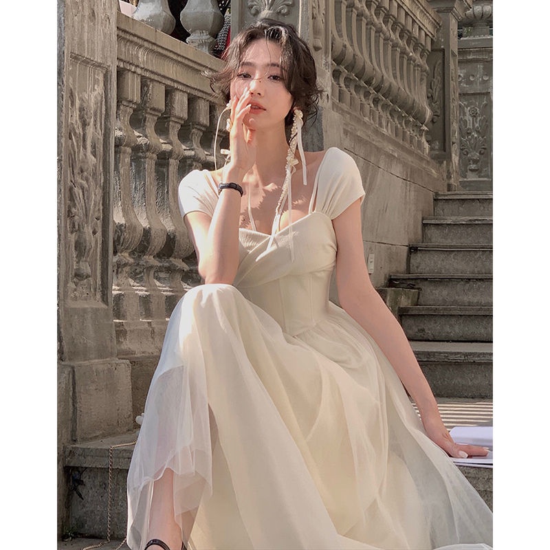 fairy-net-gauze-kink-dress-women-s-french-tea-break-เอว-a-line-high-end-niche-design-กระโปรงยาว