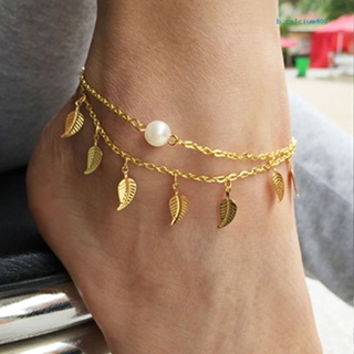 Calciumps Leaf Tassels Two Layer Faux Pearl Beach Sandal Ankle Chain Foot Bracelet Anklet