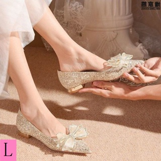 Xiuhe รองเท้าแต่งงาน ส้นหนา ประดับโบว์ คริสตัล แฟชั่นฤดูใบไม้ผลิ ฤดูใบไม้ร่วง สําหรับผู้หญิงตั้งครรภ์