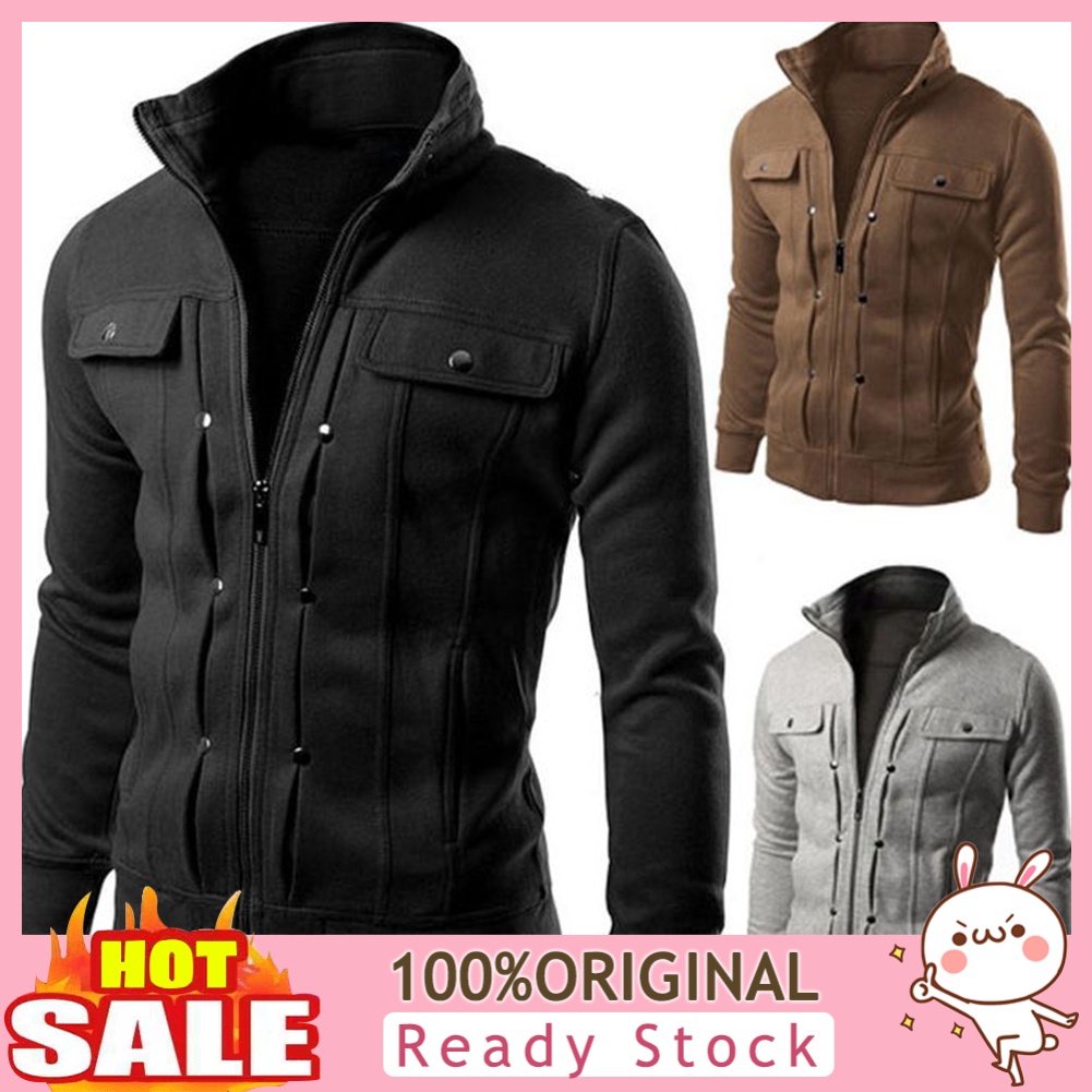 b-398-plus-size-men-solid-stand-collar-long-zip-pocket-slim-jacket-coat