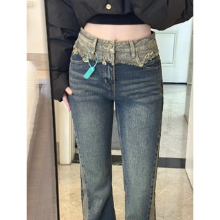 👖XS-XL เวอร์ชั่นเกาหลีย้อนยุคขนาดใหญ่การออกแบบความรู้สึกสีฟ้า/สีเทาประกบเอวสูงขาตรงสลิมมิ่งขากว้างกางเกงยีนส์ขาบานไมโคร