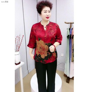 ✱♘☌2023 ฤดูร้อนใหม่ cheongsam เสื้อคอวีแขนกลางพิมพ์หลวมแฟชั่นวัยกลางคนและผู้สูงอายุแม่เสื้อ bottoming