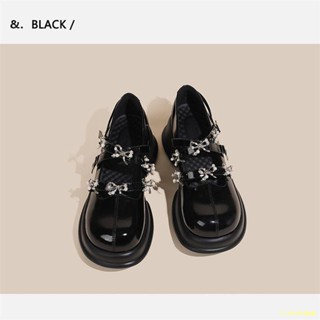 พร้อมส่ง #🔥Retro French Mary Jane shoes women s new jk single shoes muffin ส้นหนารองเท้าหนังสีดำส้นหนา