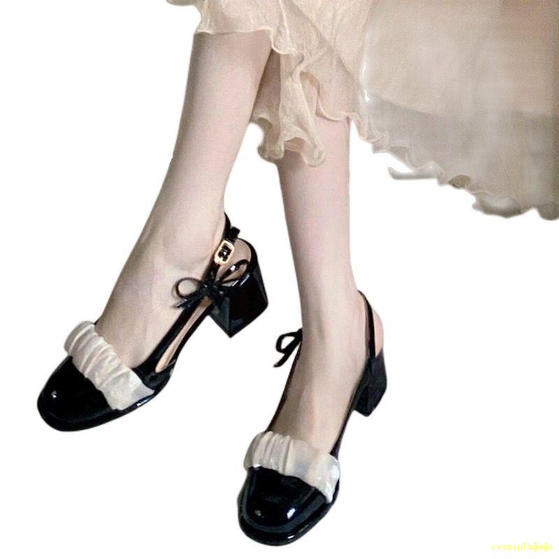 จัดส่งทันที-baotou-รองเท้าแตะผู้หญิงส้นหนาใหม่ส้นสูงฝรั่งเศส