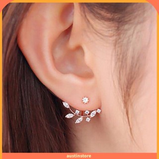 ต่างหูสตรีแบบติดหูรูปใบไม้ตกแต่ง rhinestone