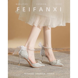 Fei Fanxi รองเท้าส้นสูงสีเงินผู้หญิง2023ใหม่ฤดูร้อนโบว์คริสตัลรองเท้าแต่งงานรองเท้าแตะส้นเข็มหัวแหลม