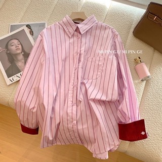 พร้อมส่ง💗เสื้อเชิ้ตคอปกโปโลทรงหลวมสไตล์เกาหลีเย็บตัดแนวตั้งสีชมพู