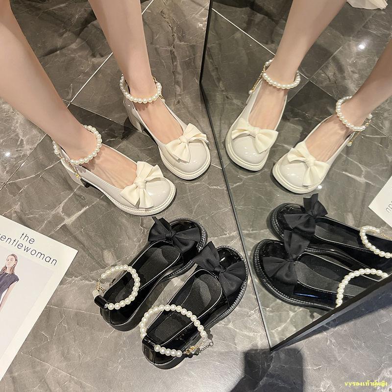 stop-mary-jane-รองเท้าหนังผู้หญิงใหม่กุทัณฑ์โซ่มุกผู้หญิงส้นหนารองเท้าส้นสูง