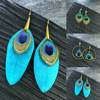 Calciumps Peacock Feather Drop Earrings Ethnic Style Women Geometric Shape Circle Hook Earrings Jewelry