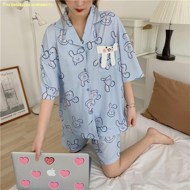 สปอตสินค้า-ใหม่ชุดนอนแขนสั้นบางชุดสองชิ้นกระต่ายสีฟ้าเสื้อผ้าบ้าน