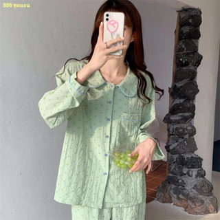 🗻สปอตสินค้า🌋Love Pajamas Girls Doll Collar Striped Check Print Homewear Set