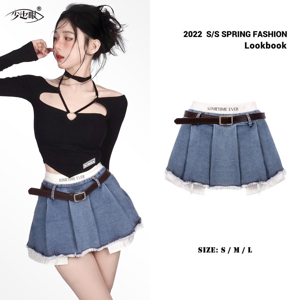 y2k-skirt-กระโปรงยีนยาว-จับจีบ-สองชิ้น-แฟชั่นฤดูร้อน-สําหรับเด็กผู้หญิง