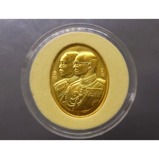 เหรียญ ที่ระลึก 100ปี โรงเรียนนายร้อยตำรวจ พระรูป รัชกาลที่5 รัชกาลที่9 ร.5 คู่ ร.9 เนื้อทองแดงชุบทองคำ ปี2545 พร้อมตลับ
