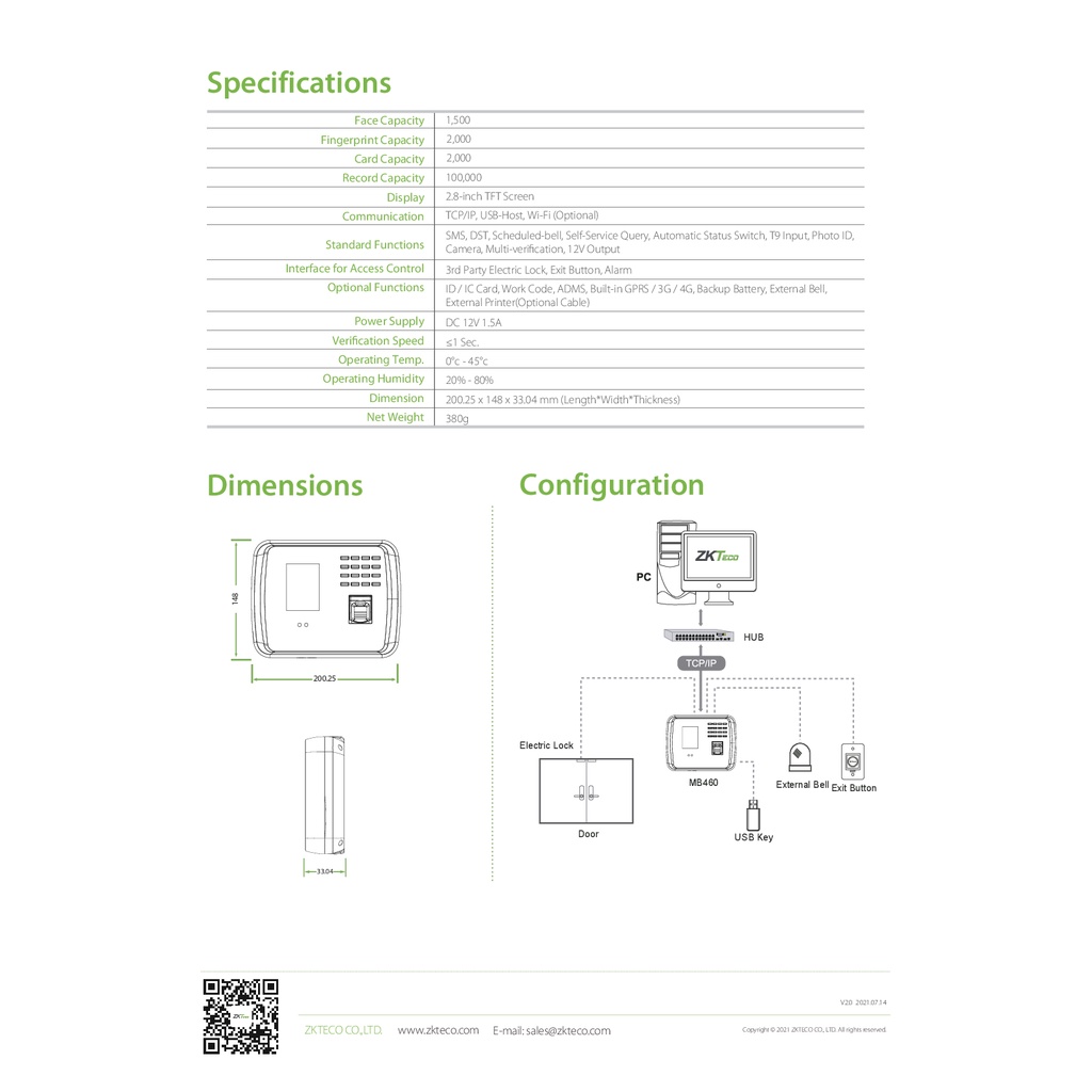 zkteco-mb460-time-attendance-เครื่องสแกนนิ้วและใบหน้า-รับประกัน-2-ปี