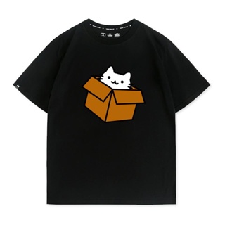 เสื้อยืด เสื้อยืดคอตตอน 100% ✜▲❖Cat in a carton เสื้อยืดแขนสั้น ลายแมวน่ารัก ญี่ปุ่น ผ้าฝ้ายแท้ ลำลอง เสื้อยืดแฟชั่น