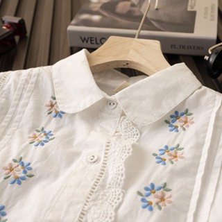C26❁❁✺ปักลูกไม้แขนยาวเสื้อเชิ้ตสีขาวของผู้หญิง 2023 ฤดูใบไม้ผลิใหม่สไตล์ญี่ปุ่นสดขนาดเล็ก Mori ผู้หญิงหลวมด้านบน