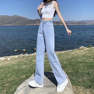 กางเกงยีนส์เอวสูง ฉบับเกาหลี หัวเอว ท่อตรง ย้อนยุค กางเกงยีนส์ทรงกระบอก กางเกงยีนขายาว กางเกงยีนส์ผู้หญิง