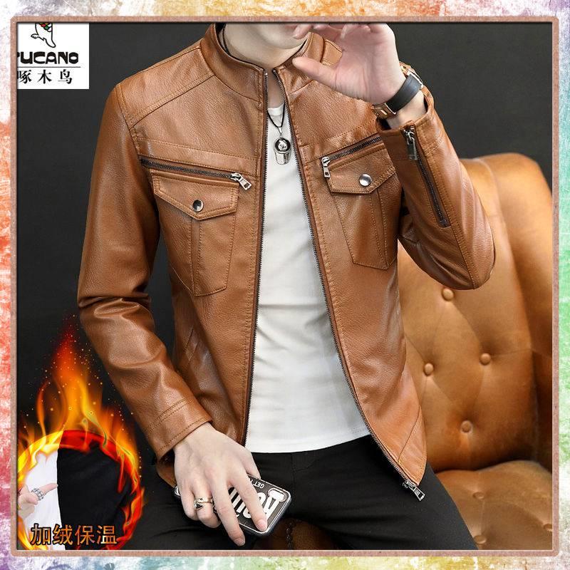 jacket leather Woodpecker leather jacket men's spring and autumn new men's leather jacket stand