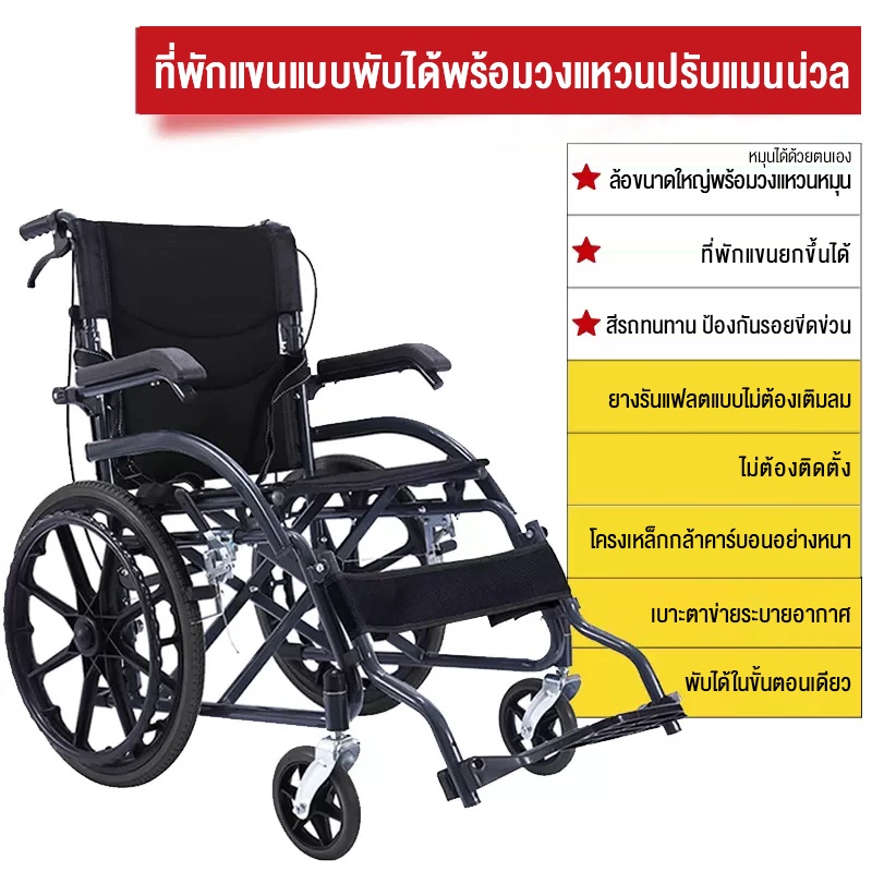 HIMIWAY รถเข็นผู้ป่วย wheelchair รถเข็นผู้ใหญ่ พับได้น้ำหนักเบาท่อเหล็กหนาสกู๊ตเตอร์ผู้สูงอายุรถเข็นแบบพกพา รถเข็นผู้ป่วยพับได้