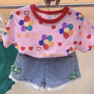 เสื้อยืดแขนสั้น ผ้าฝ้าย พิมพ์ลายดอกไม้น่ารัก สีชมพู แฟชั่นฤดูร้อน สําหรับเด็กผู้หญิง อายุ 2-6 ปี