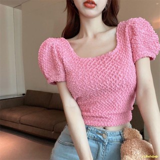 ⛄Hot sale👏สไตล์เกลือคอสี่เหลี่ยมแขนพัฟจีบเสื้อยืดผู้หญิงด้านบนเอวสูงบางพอดีเสื้อสวมหัวเสื้อท่อนล่างสั้น