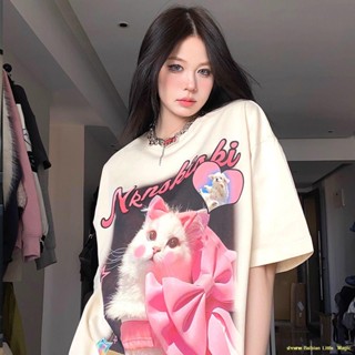 ♦Stop#🎀American Love Cat พิมพ์แขนสั้นเสื้อยืดผู้หญิงคอกลมหลวม Tops