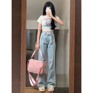 👖XS-2XL เวอร์ชั่นเกาหลีของกางเกงยีนส์ขาตรงเอวสูงสีฟ้าอ่อนขนาดใหญ่ที่มีการออกแบบที่บางและกางเกงขากว้างผ้าเดรปขนาดเล็ก