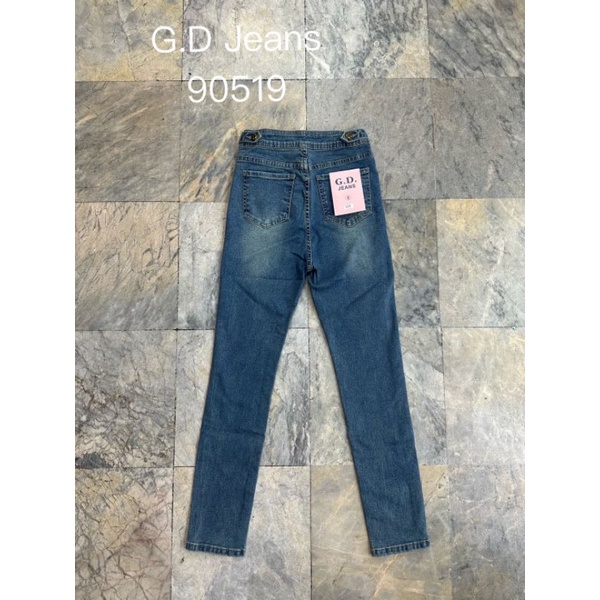 90519-กางเกงยีนส์ขายาวผ้ายืดเอวสูงทรงเดฟสีฟอกดีไซร์กระเป๋าหน้าพร้วมติดกระดุมทองแบบเก๋ๆ